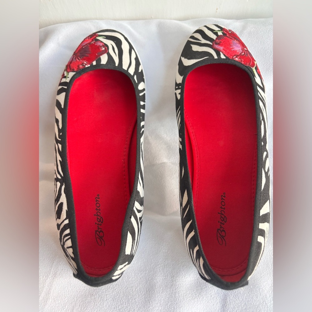 Brighton Zebra Canvas Ballet Flats With Embroidered Flower Size 9B